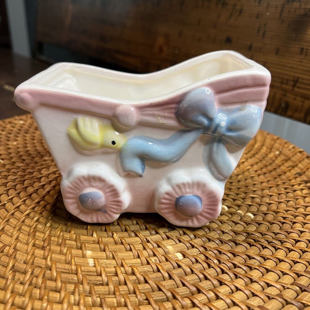 Rubens Original Ceramic Baby Crib Cradle Bassinet Hand Painted Planter Vintage